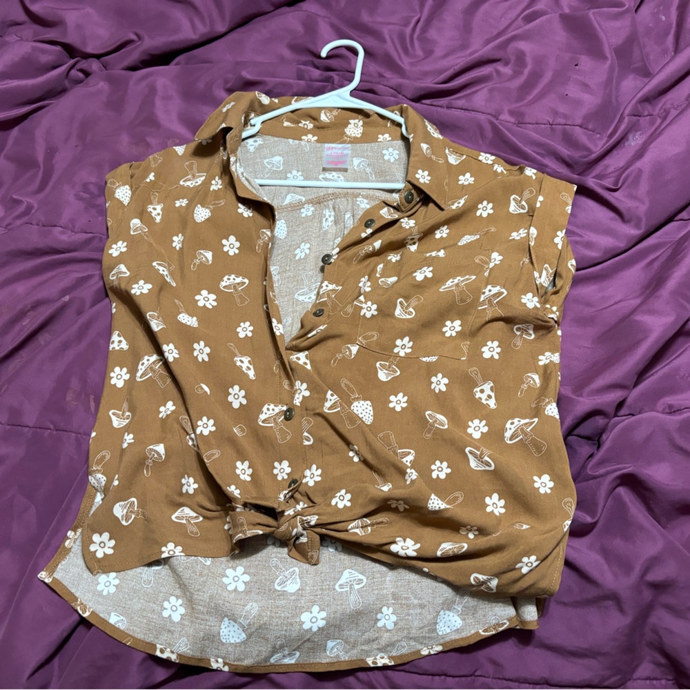 Mushroom cottagecore button down tied crop top